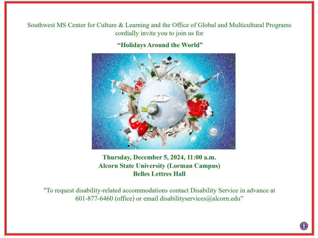 Please join us for "Holidays Around the World" this Thursday, December 5, 2024, at 11:00a.m. Hope to see you there.